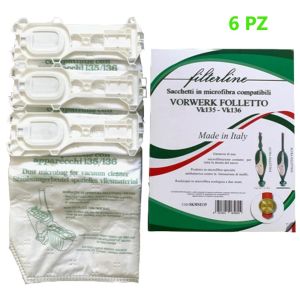 SACCHETTI IN MICROFIBRA MADE IN ITALY ADATTABILI FOLLETTO VK135 E VK136 CONFEZIONE 6 PEZZI COMPATIBILI VORWERK