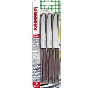 COLTELLI DA TAVOLA KAIMANO 6PZ LAMA LISCIA+DENTATA PUNTA TONDA PLASTICA MARRONE
