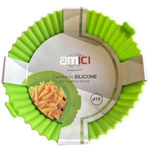 CESTINO IN SILICONE PER FRIGGITRICE AD ARIA E MICROONDE TONDO Ø 19 CM TEGLIA RIUTILIZZABILE ANTIADERENTE RESISTENTE AL CALORE